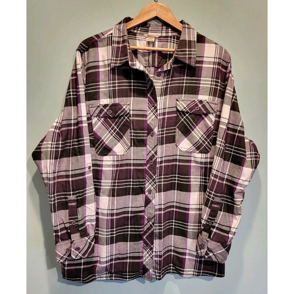 Duluth Purple Brown Plaid Roll Tab Sleeve Button Up Shirt Sz 3X